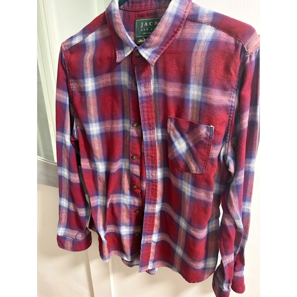 Jachs New York Mens Recycled Flannel Shirt Red Blue Plaid Button Down Medium